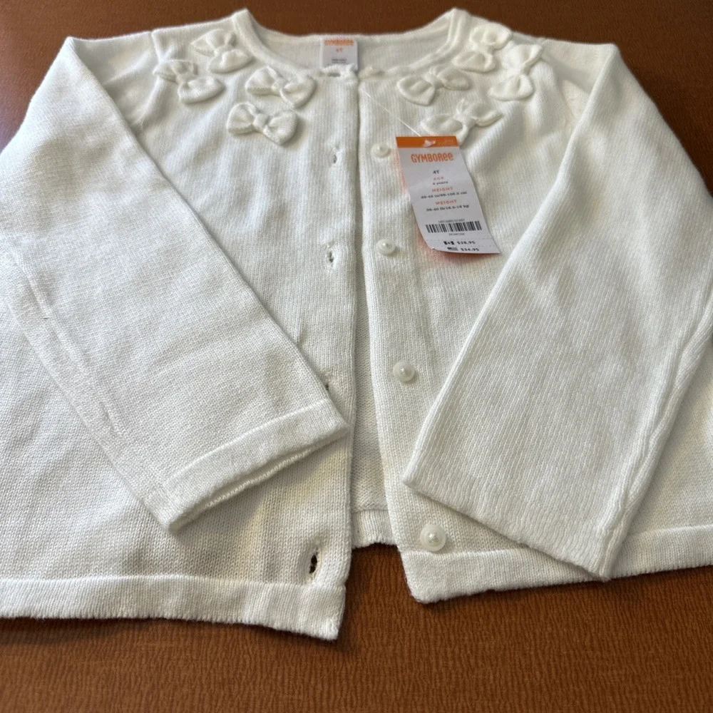 NWT Gymboreee White 100% Cotton Cardigan Sweater With Bows Size 4‎ Toddler